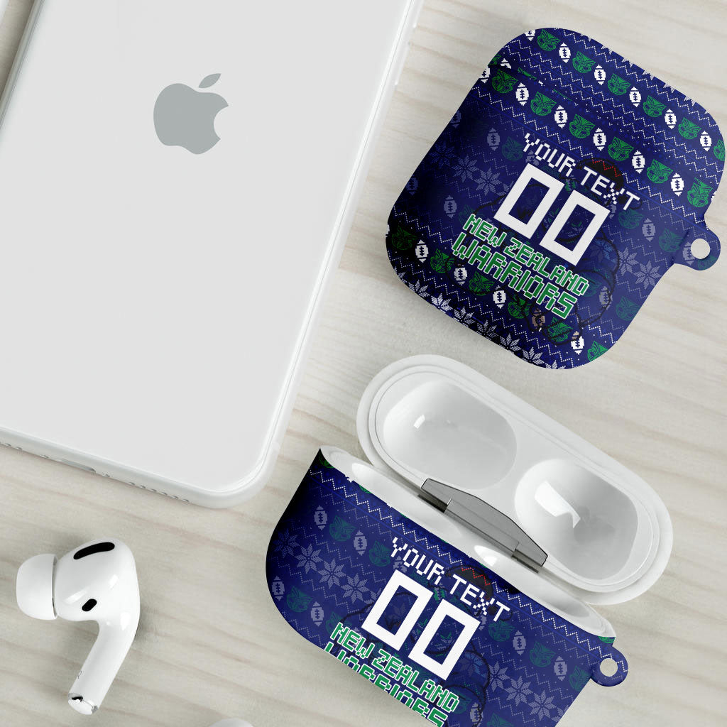 Personalized New Zealand Warriors Christmas AirPods Case Maori Rugby Fans - Pixelated Ugly Xmas Pattern Mascot Santa