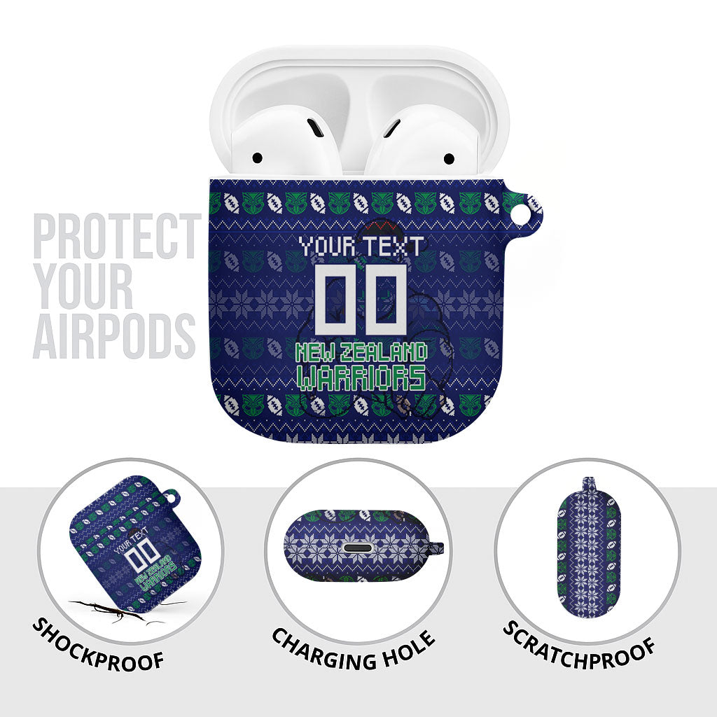 Personalized New Zealand Warriors Christmas AirPods Case Maori Rugby Fans - Pixelated Ugly Xmas Pattern Mascot Santa