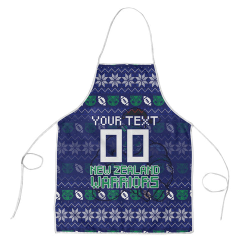 Personalized New Zealand Warriors Christmas Apron Maori Rugby Fans - Pixelated Ugly Xmas Pattern Mascot Santa