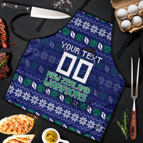 Personalized New Zealand Warriors Christmas Apron Maori Rugby Fans - Pixelated Ugly Xmas Pattern Mascot Santa