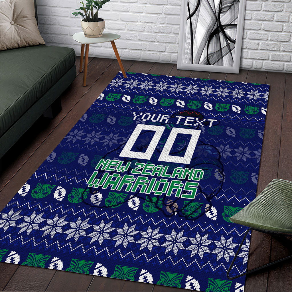 Personalized New Zealand Warriors Christmas Area Rug Maori Rugby Fans - Pixelated Ugly Xmas Pattern Mascot Santa