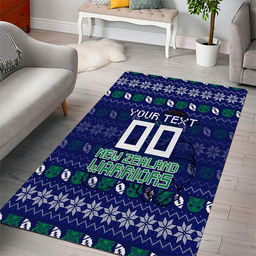 Personalized New Zealand Warriors Christmas Area Rug Maori Rugby Fans - Pixelated Ugly Xmas Pattern Mascot Santa