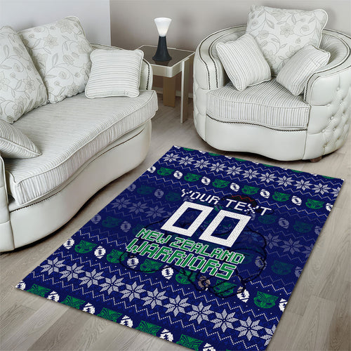 Personalized New Zealand Warriors Christmas Area Rug Maori Rugby Fans - Pixelated Ugly Xmas Pattern Mascot Santa