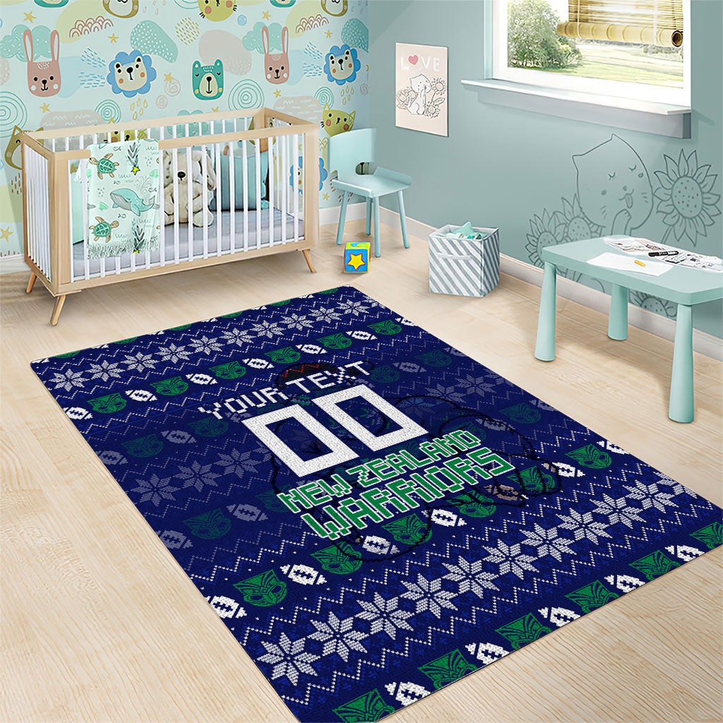 Personalized New Zealand Warriors Christmas Area Rug Maori Rugby Fans - Pixelated Ugly Xmas Pattern Mascot Santa