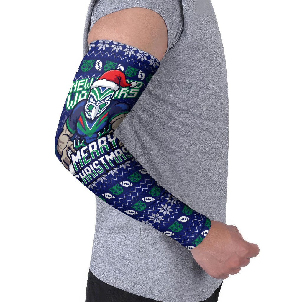 Personalized New Zealand Warriors Christmas Arm Sleeves Maori Rugby Fans - Pixelated Ugly Xmas Pattern Mascot Santa