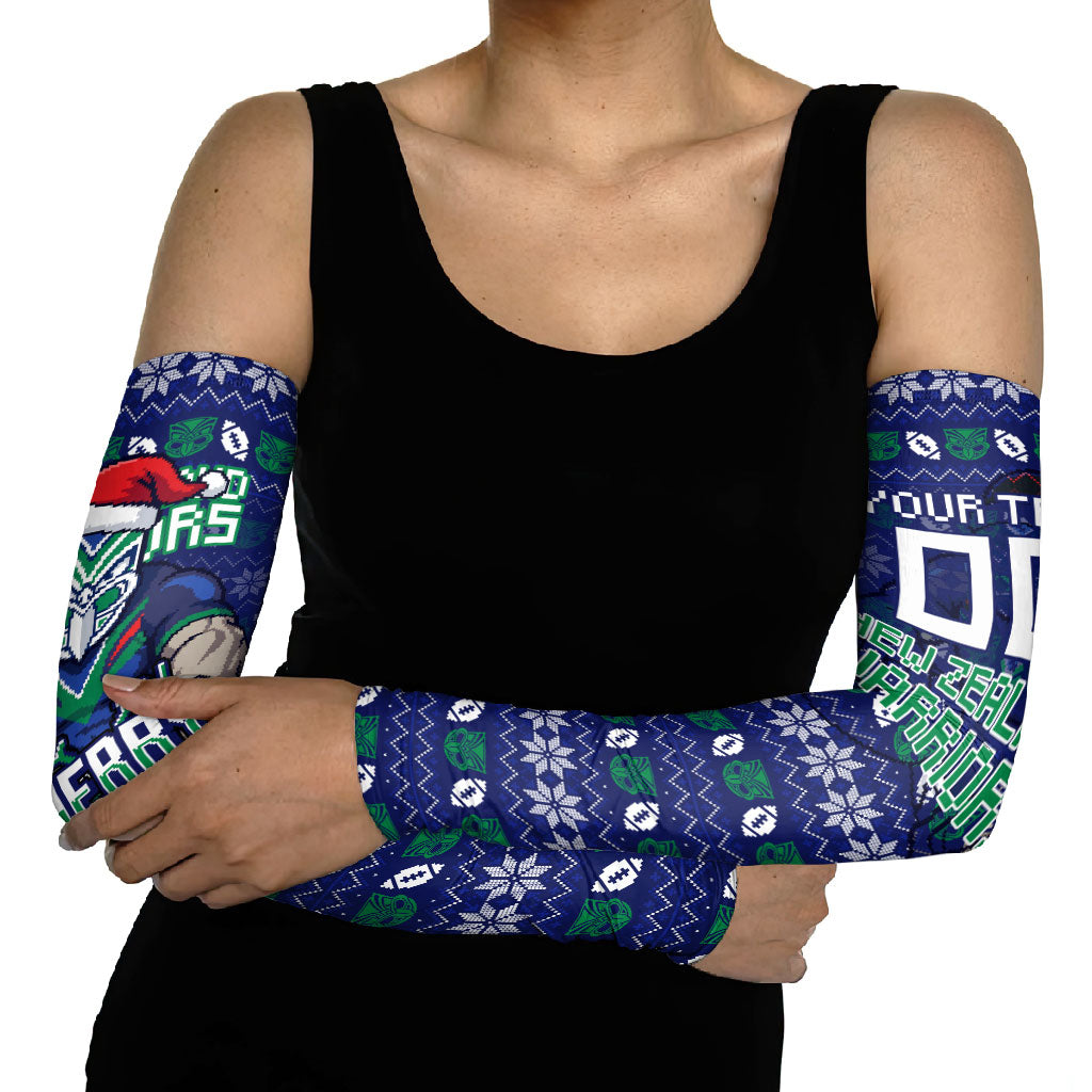 Personalized New Zealand Warriors Christmas Arm Sleeves Maori Rugby Fans - Pixelated Ugly Xmas Pattern Mascot Santa