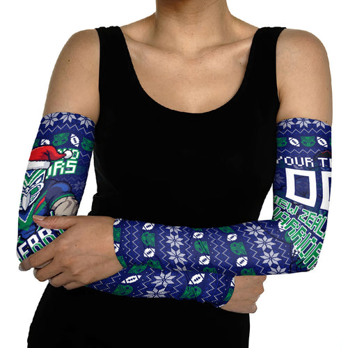 Personalized New Zealand Warriors Christmas Arm Sleeves Maori Rugby Fans - Pixelated Ugly Xmas Pattern Mascot Santa