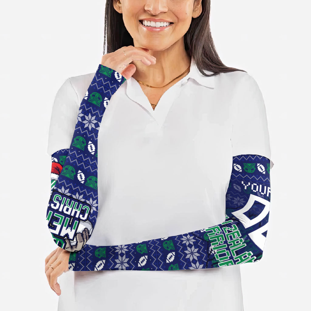 Personalized New Zealand Warriors Christmas Arm Sleeves Maori Rugby Fans - Pixelated Ugly Xmas Pattern Mascot Santa