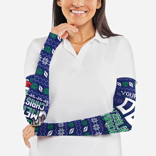 Personalized New Zealand Warriors Christmas Arm Sleeves Maori Rugby Fans - Pixelated Ugly Xmas Pattern Mascot Santa