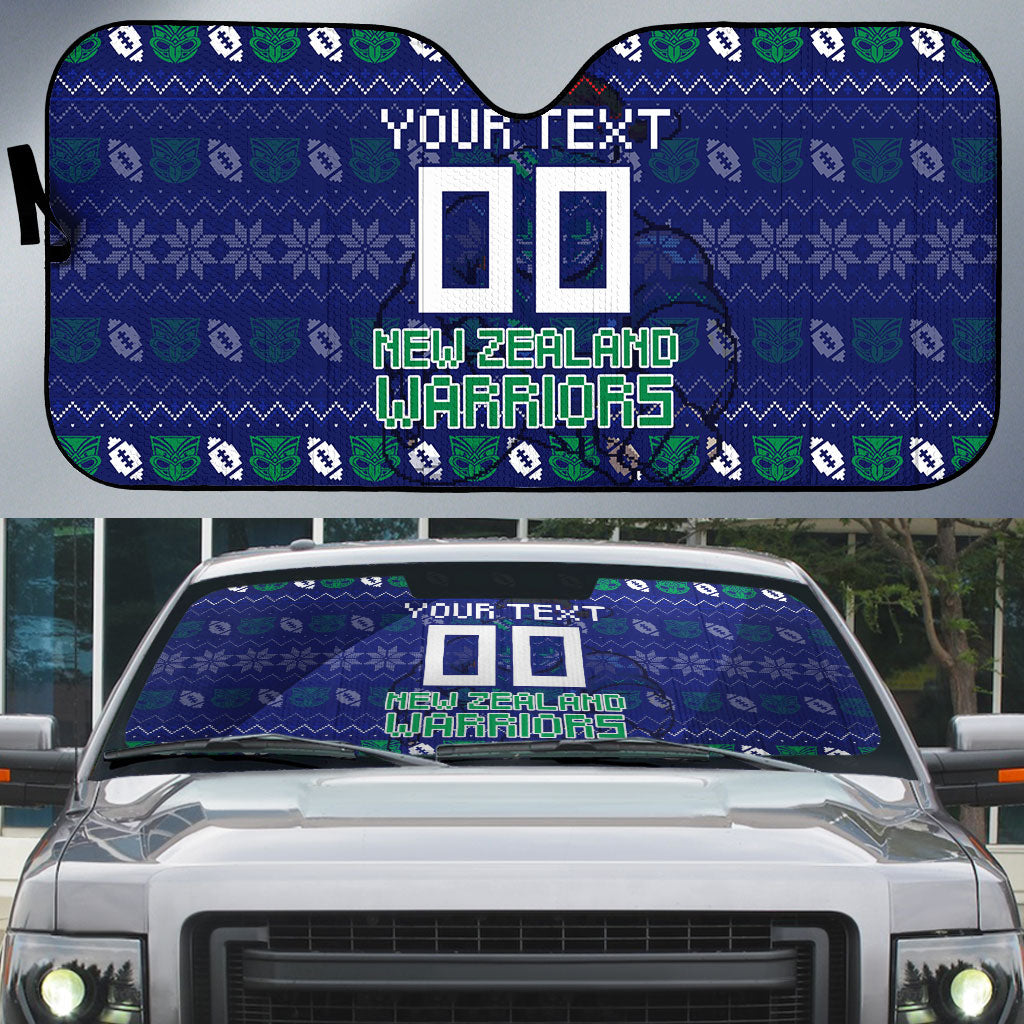 Personalized New Zealand Warriors Christmas Auto Sun Shade Maori Rugby Fans - Pixelated Ugly Xmas Pattern Mascot Santa