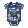 Personalized New Zealand Warriors Christmas Baby Onesie Maori Rugby Fans - Pixelated Ugly Xmas Pattern Mascot Santa