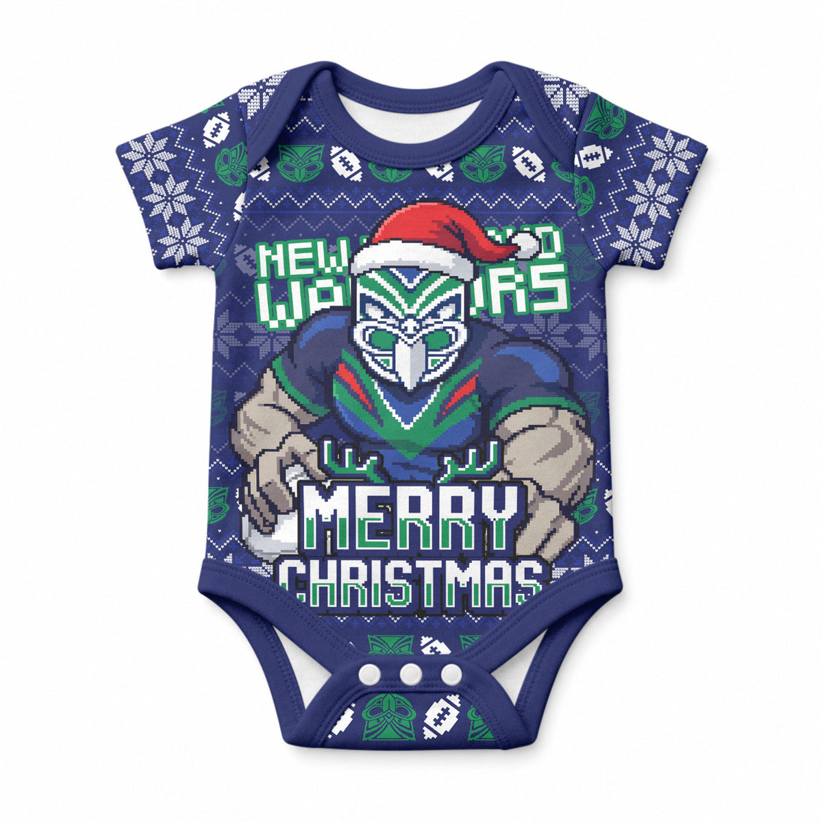 Personalized New Zealand Warriors Christmas Baby Onesie Maori Rugby Fans - Pixelated Ugly Xmas Pattern Mascot Santa