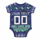 Personalized New Zealand Warriors Christmas Baby Onesie Maori Rugby Fans - Pixelated Ugly Xmas Pattern Mascot Santa