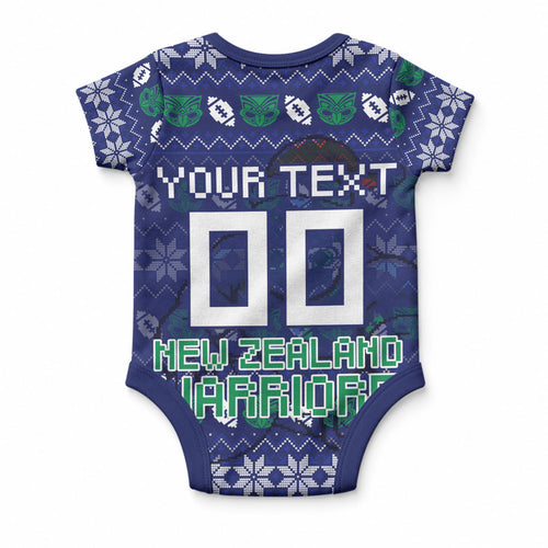 Personalized New Zealand Warriors Christmas Baby Onesie Maori Rugby Fans - Pixelated Ugly Xmas Pattern Mascot Santa