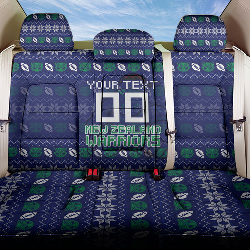 Personalized New Zealand Warriors Christmas Back Car Seat Cover Maori Rugby Fans - Pixelated Ugly Xmas Pattern Mascot Santa