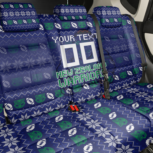 Personalized New Zealand Warriors Christmas Back Car Seat Cover Maori Rugby Fans - Pixelated Ugly Xmas Pattern Mascot Santa