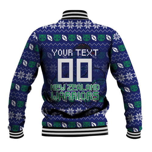 Personalized New Zealand Warriors Christmas Baseball Jacket Maori Rugby Fans - Pixelated Ugly Xmas Pattern Mascot Santa