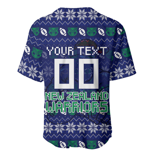 Personalized New Zealand Warriors Christmas Baseball Jersey Maori Rugby Fans - Pixelated Ugly Xmas Pattern Mascot Santa