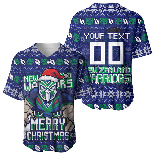 Personalized New Zealand Warriors Christmas Baseball Jersey Maori Rugby Fans - Pixelated Ugly Xmas Pattern Mascot Santa