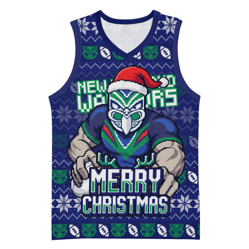 Personalized New Zealand Warriors Christmas Basketball Jersey Maori Rugby Fans - Pixelated Ugly Xmas Pattern Mascot Santa