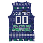 Personalized New Zealand Warriors Christmas Basketball Jersey Maori Rugby Fans - Pixelated Ugly Xmas Pattern Mascot Santa