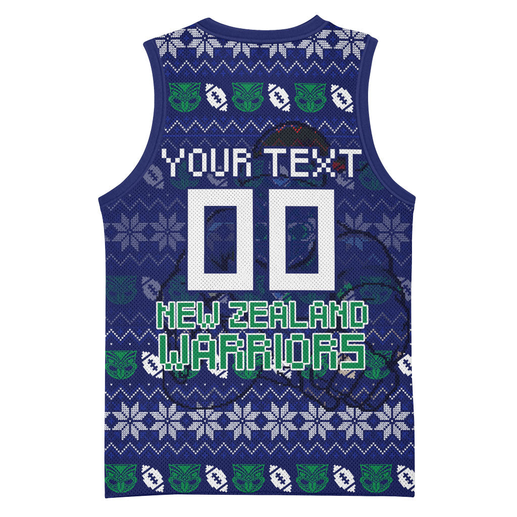 Personalized New Zealand Warriors Christmas Basketball Jersey Maori Rugby Fans - Pixelated Ugly Xmas Pattern Mascot Santa