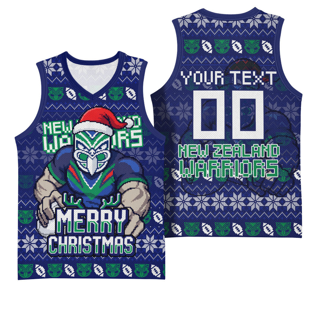 Personalized New Zealand Warriors Christmas Basketball Jersey Maori Rugby Fans - Pixelated Ugly Xmas Pattern Mascot Santa