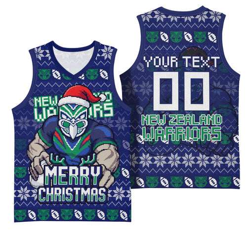 Personalized New Zealand Warriors Christmas Basketball Jersey Maori Rugby Fans - Pixelated Ugly Xmas Pattern Mascot Santa