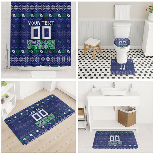 Personalized New Zealand Warriors Christmas Bathroom Set Maori Rugby Fans - Pixelated Ugly Xmas Pattern Mascot Santa