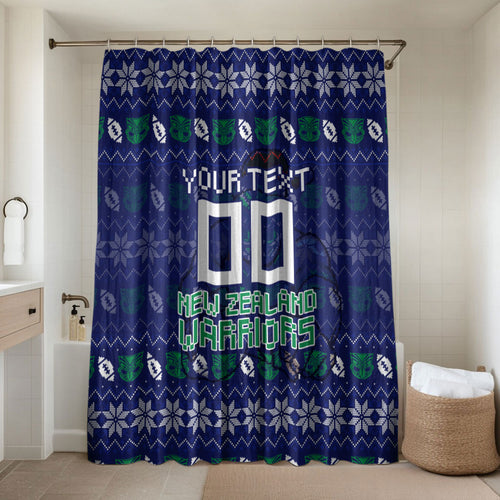 Personalized New Zealand Warriors Christmas Bathroom Set Maori Rugby Fans - Pixelated Ugly Xmas Pattern Mascot Santa