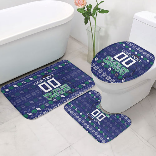 Personalized New Zealand Warriors Christmas Bathroom Set Maori Rugby Fans - Pixelated Ugly Xmas Pattern Mascot Santa