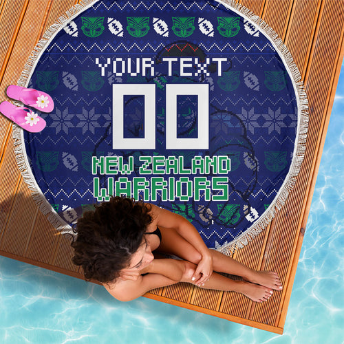 Personalized New Zealand Warriors Christmas Beach Blanket Maori Rugby Fans - Pixelated Ugly Xmas Pattern Mascot Santa