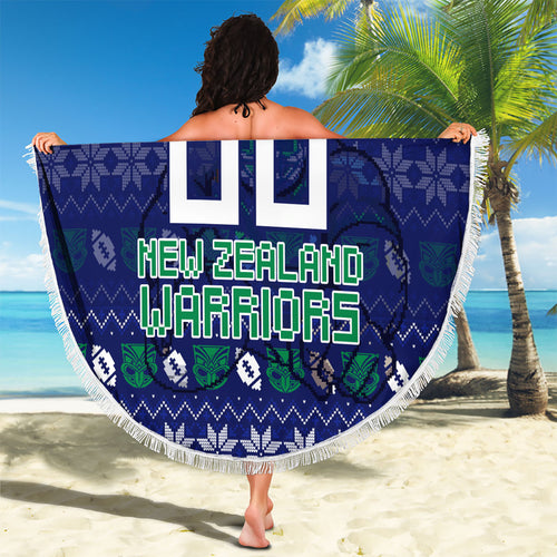 Personalized New Zealand Warriors Christmas Beach Blanket Maori Rugby Fans - Pixelated Ugly Xmas Pattern Mascot Santa