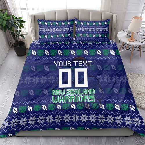 Personalized New Zealand Warriors Christmas Bedding Set Maori Rugby Fans - Pixelated Ugly Xmas Pattern Mascot Santa