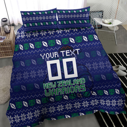 Personalized New Zealand Warriors Christmas Bedding Set Maori Rugby Fans - Pixelated Ugly Xmas Pattern Mascot Santa