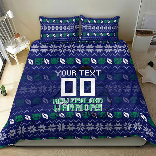 Personalized New Zealand Warriors Christmas Bedding Set Maori Rugby Fans - Pixelated Ugly Xmas Pattern Mascot Santa