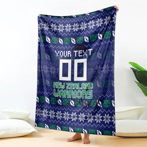 Personalized New Zealand Warriors Christmas Blanket Maori Rugby Fans - Pixelated Ugly Xmas Pattern Mascot Santa