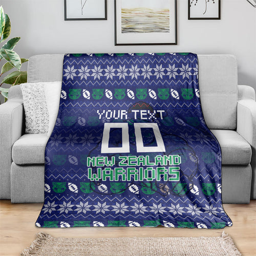 Personalized New Zealand Warriors Christmas Blanket Maori Rugby Fans - Pixelated Ugly Xmas Pattern Mascot Santa