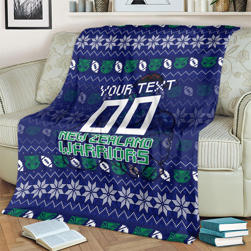 Personalized New Zealand Warriors Christmas Blanket Maori Rugby Fans - Pixelated Ugly Xmas Pattern Mascot Santa