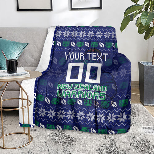 Personalized New Zealand Warriors Christmas Blanket Maori Rugby Fans - Pixelated Ugly Xmas Pattern Mascot Santa
