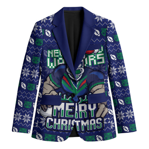 Personalized New Zealand Warriors Christmas Blazer Maori Rugby Fans - Pixelated Ugly Xmas Pattern Mascot Santa