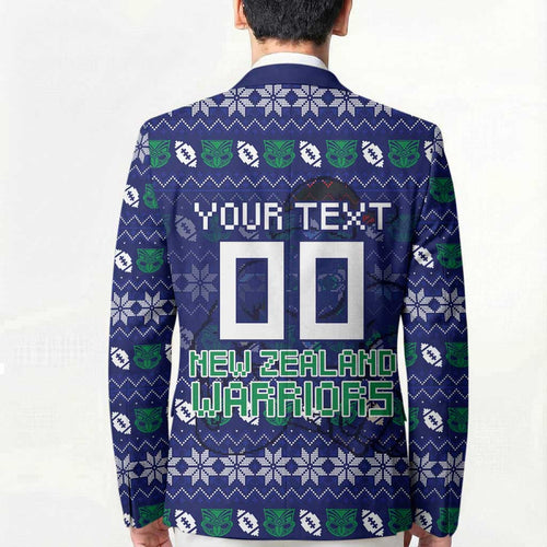 Personalized New Zealand Warriors Christmas Blazer Maori Rugby Fans - Pixelated Ugly Xmas Pattern Mascot Santa