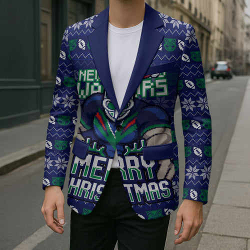 Personalized New Zealand Warriors Christmas Blazer Maori Rugby Fans - Pixelated Ugly Xmas Pattern Mascot Santa