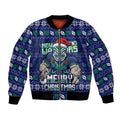 Personalized New Zealand Warriors Christmas Bomber Jacket Maori Rugby Fans - Pixelated Ugly Xmas Pattern Mascot Santa
