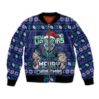Personalized New Zealand Warriors Christmas Bomber Jacket Maori Rugby Fans - Pixelated Ugly Xmas Pattern Mascot Santa