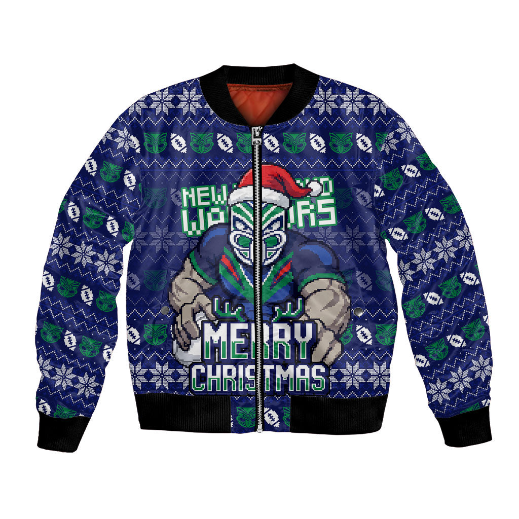Personalized New Zealand Warriors Christmas Bomber Jacket Maori Rugby Fans - Pixelated Ugly Xmas Pattern Mascot Santa