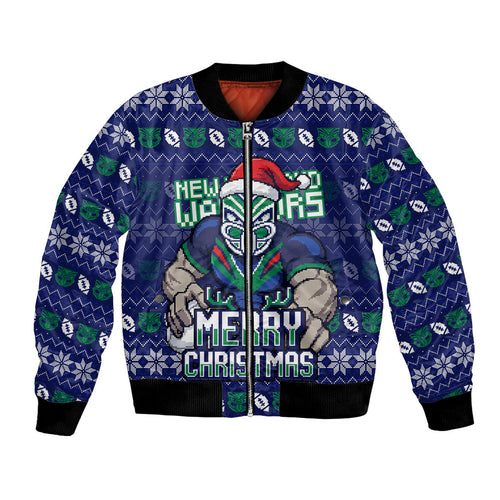 Personalized New Zealand Warriors Christmas Bomber Jacket Maori Rugby Fans - Pixelated Ugly Xmas Pattern Mascot Santa