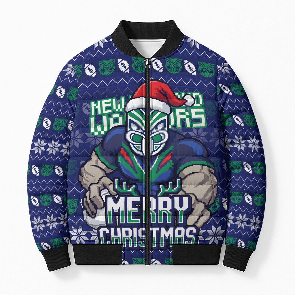 Personalized New Zealand Warriors Christmas Bomber Puffer Jacket Maori Rugby Fans - Pixelated Ugly Xmas Pattern Mascot Santa