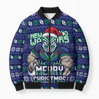 Personalized New Zealand Warriors Christmas Bomber Puffer Jacket Maori Rugby Fans - Pixelated Ugly Xmas Pattern Mascot Santa