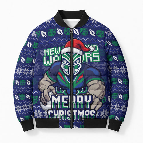 Personalized New Zealand Warriors Christmas Bomber Puffer Jacket Maori Rugby Fans - Pixelated Ugly Xmas Pattern Mascot Santa